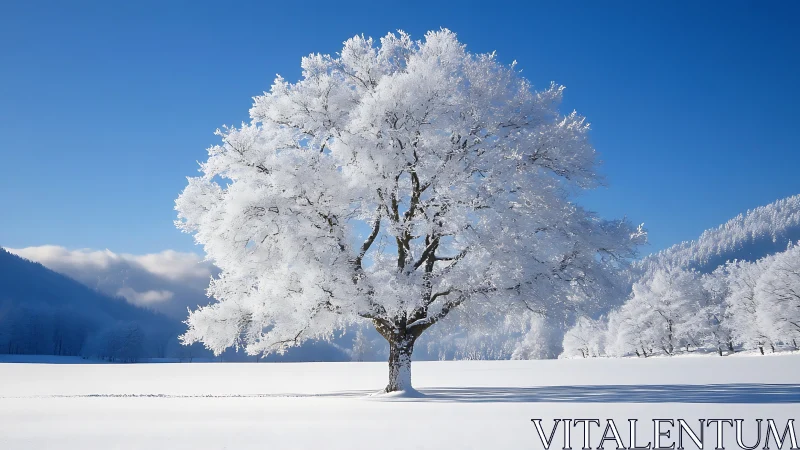 Solitary frosted tree stands in a luminous winter silence