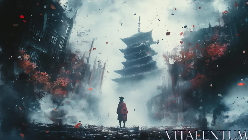 Lone wanderer gazes toward a misty pagoda in crimson storm