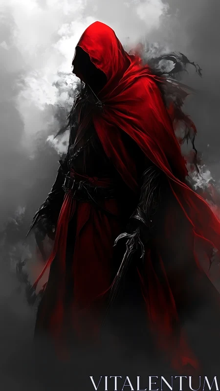 Hooded dark warrior in red cloak amid swirling smoke.