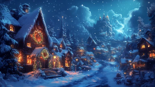 Snowy Christmas village glows beneath an enchanted castle.