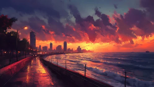 Sunset boulevard meets stormlit sea along neon city shore.