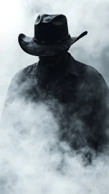 Cowboy silhouette emerges from dense cinematic smoke wall.