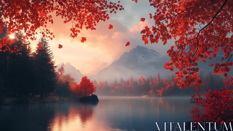 Autumn mountain lake under crimson maple canopy at dawn.