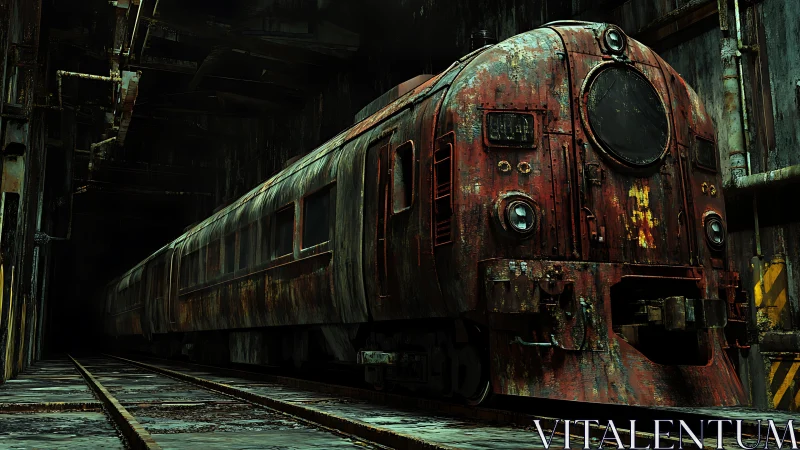 Corroded diesel locomotive in derelict industrial tunnel bay.