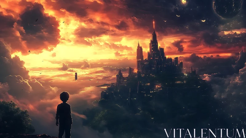 Silhouetted child observes distant floating fortress at sunset