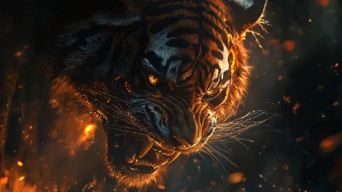 Infernal tiger roar ignites molten embers and smoke.