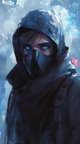 Hooded cyberpunk rogue with glowing blue eyes in snowstorm.