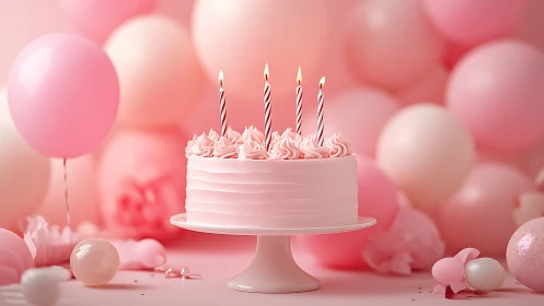 Pink Birthday Cake with Candles on Pedestal Stand