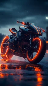 Neon stormrider motorcycle hums through rainlit midnight streets