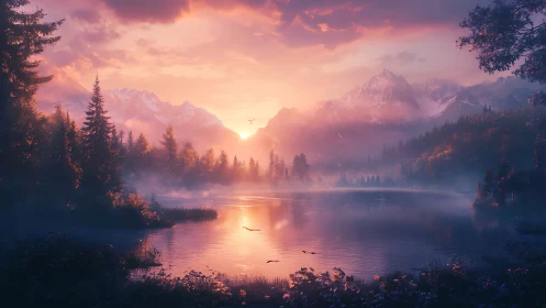 Mountain lake at sunrise with mist, pines, and distant peaks.