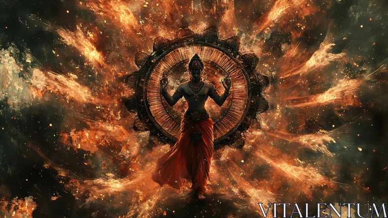 Cosmic multi-armed deity within radial fire vortex field.