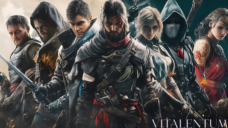 Multi-character fantasy warriors aligned in high-detail digital rendering