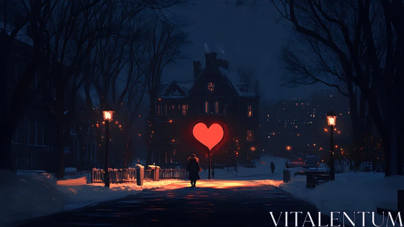 Glowing Heart Monument Lights Winter Street at Dusk