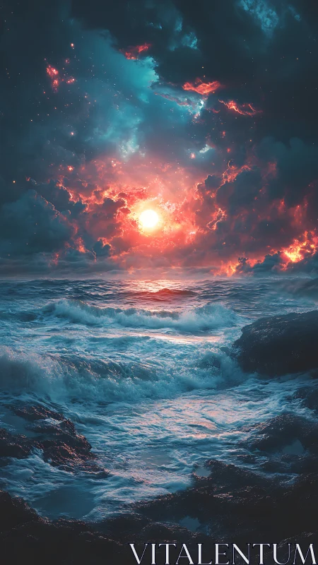 Celestial sunset over turbulent teal ocean under nebula sky.