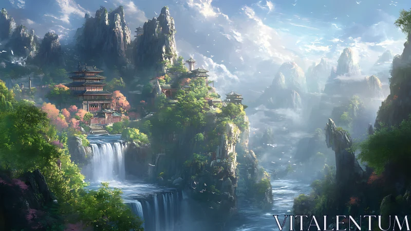 Vertical mountain-temple landscape in luminous fantasy rendering.