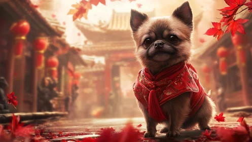 Photorealistic temple dog in ceremonial red silk attire.