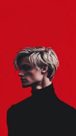 Blond profile portrait cuts a stark figure against crimson.