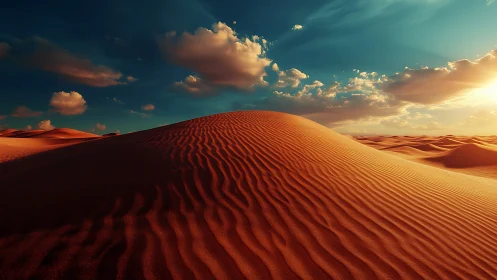 Sunlit desert dune with rippled sand under vivid sky.