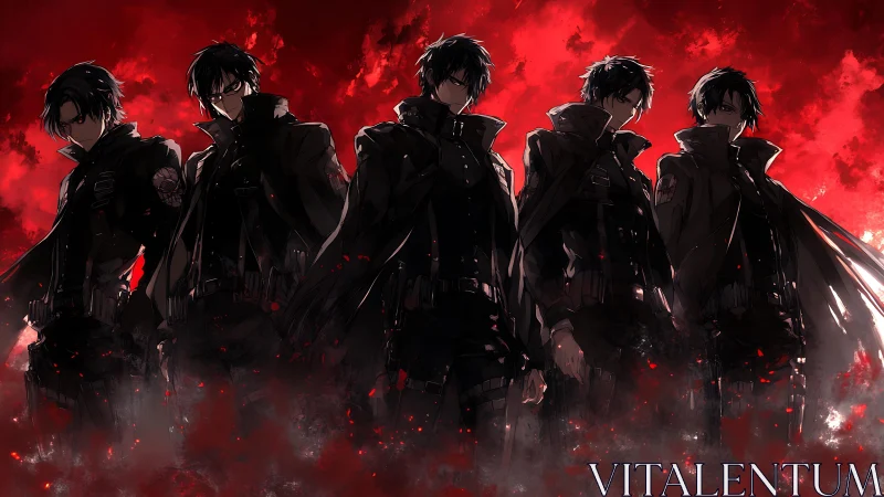 Dark uniformed squad stands against burning crimson sky