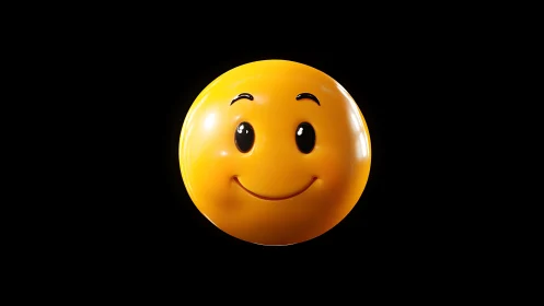 Glossy 3D yellow smiley face on deep black background.