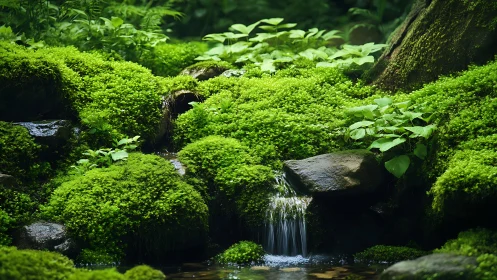 Lush Mossy Forest Floor With Small Waterfall, Nature Photography.