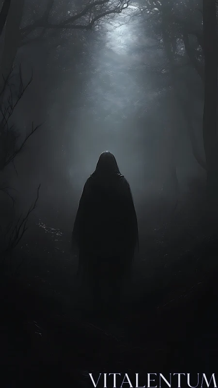 Mysterious cloaked wanderer under a ghostly forest moon.