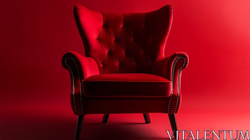 Photorealistic red wingback armchair on monochrome backdrop.
