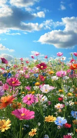 Vibrant Wildflower Meadow Under Blue Sky with Cumulus Clouds