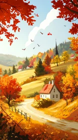 Sunlit autumn valley curling around a quiet red-roof home.