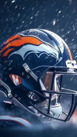 Football helmet with bronco logo under falling snowflakes
