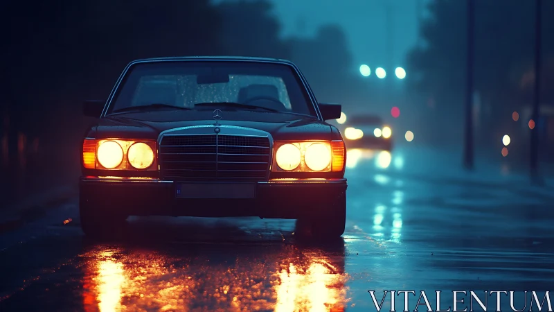 Rain-soaked night drive with a glowing classic car.