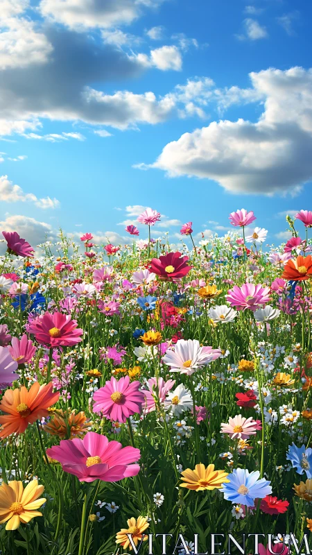 Vibrant Wildflower Meadow Under Blue Sky with Cumulus Clouds
