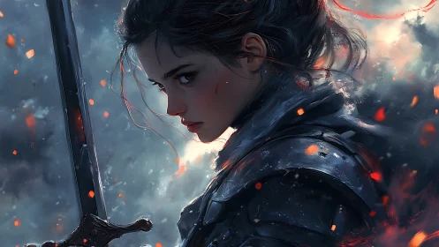 Armored female warrior holds sword amid drifting embers