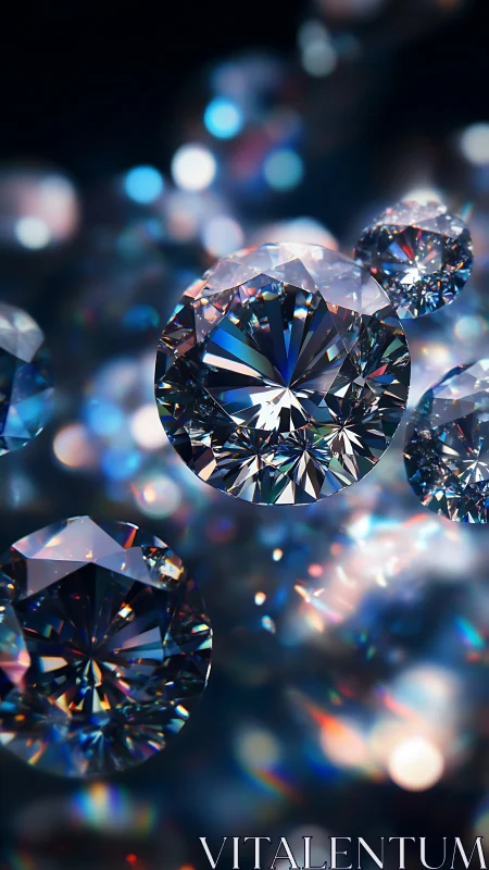 Close-up of sparkling cut diamonds against dark backdrop.