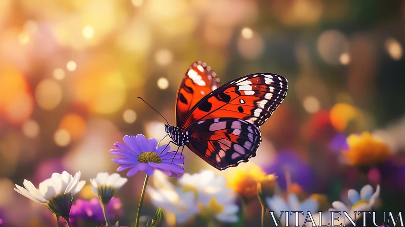 Radiant orange butterfly resting amid dreamy spring blooms.