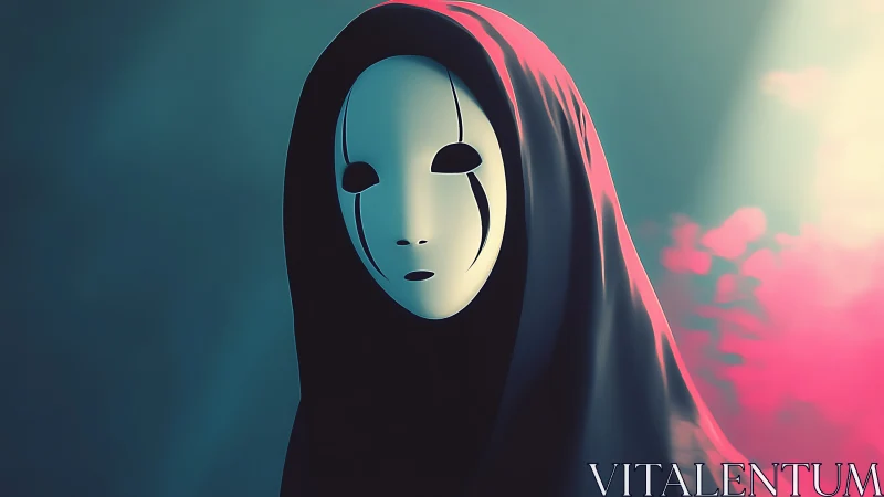 Digital painting of hooded mask figure in soft neon chiaroscuro.
