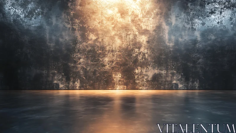 Textured metallic wall with directional warm light and reflective floor