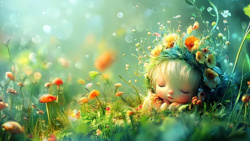 Sleeping forest child rests among glowing mushrooms