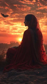 Silhouetted woman in red sari at ember-lit lakeside sunset.