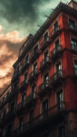 Red facade glows against dramatic storm-lit evening sky.