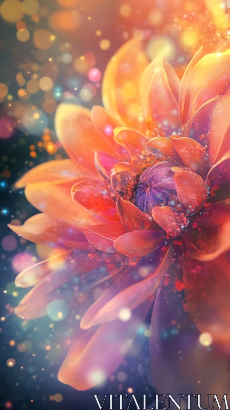 Radiant macro flower glows in dreamy, multicolor bokeh haze.