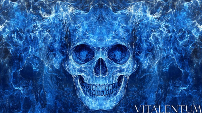 Fractal blue skull rendered in symmetric flaming plasma contours