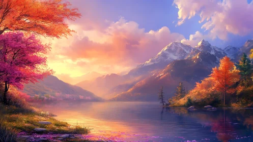 Sunset spell over autumn lake and snow-kissed mountainscape.