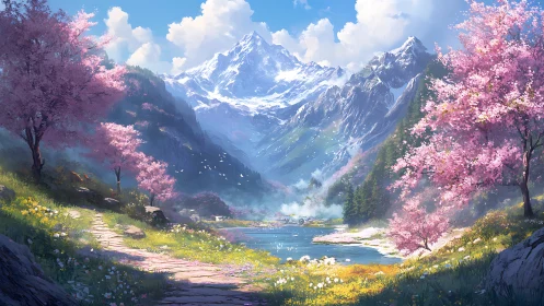 Spring valley lake below towering snowcapped mountain peak.