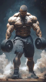 Storm of Strength: Powerful Lifter Framed in Rising Dust.