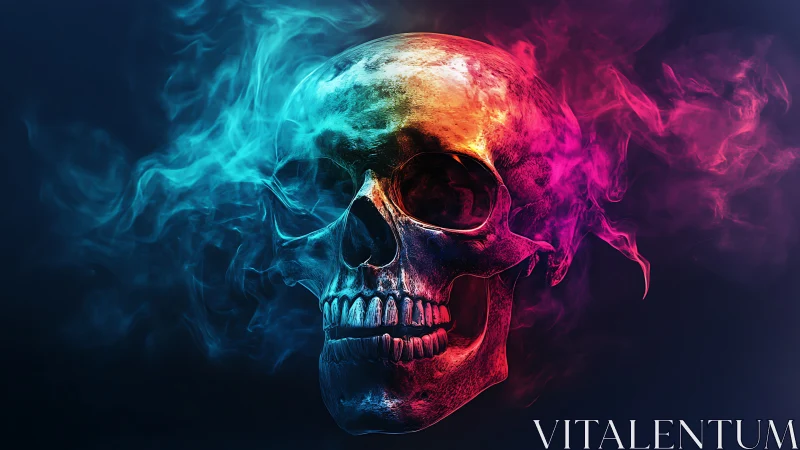 Color-split skull with neon smoke on dark background.