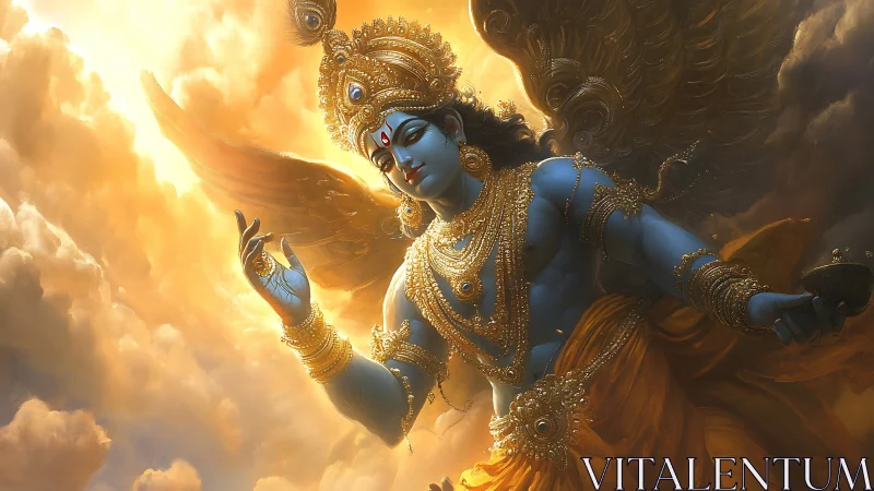 Blue-skinned winged deity figure appears amid dense clouds