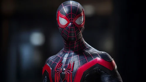 Spider-themed masked character stands in detailed black suit
