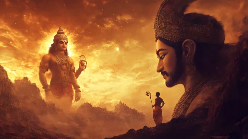 Colossal divine avatars in volumetric, ember-lit canyon sky.