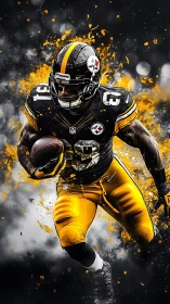 Dynamic grid-splash portrait of pro football running back.